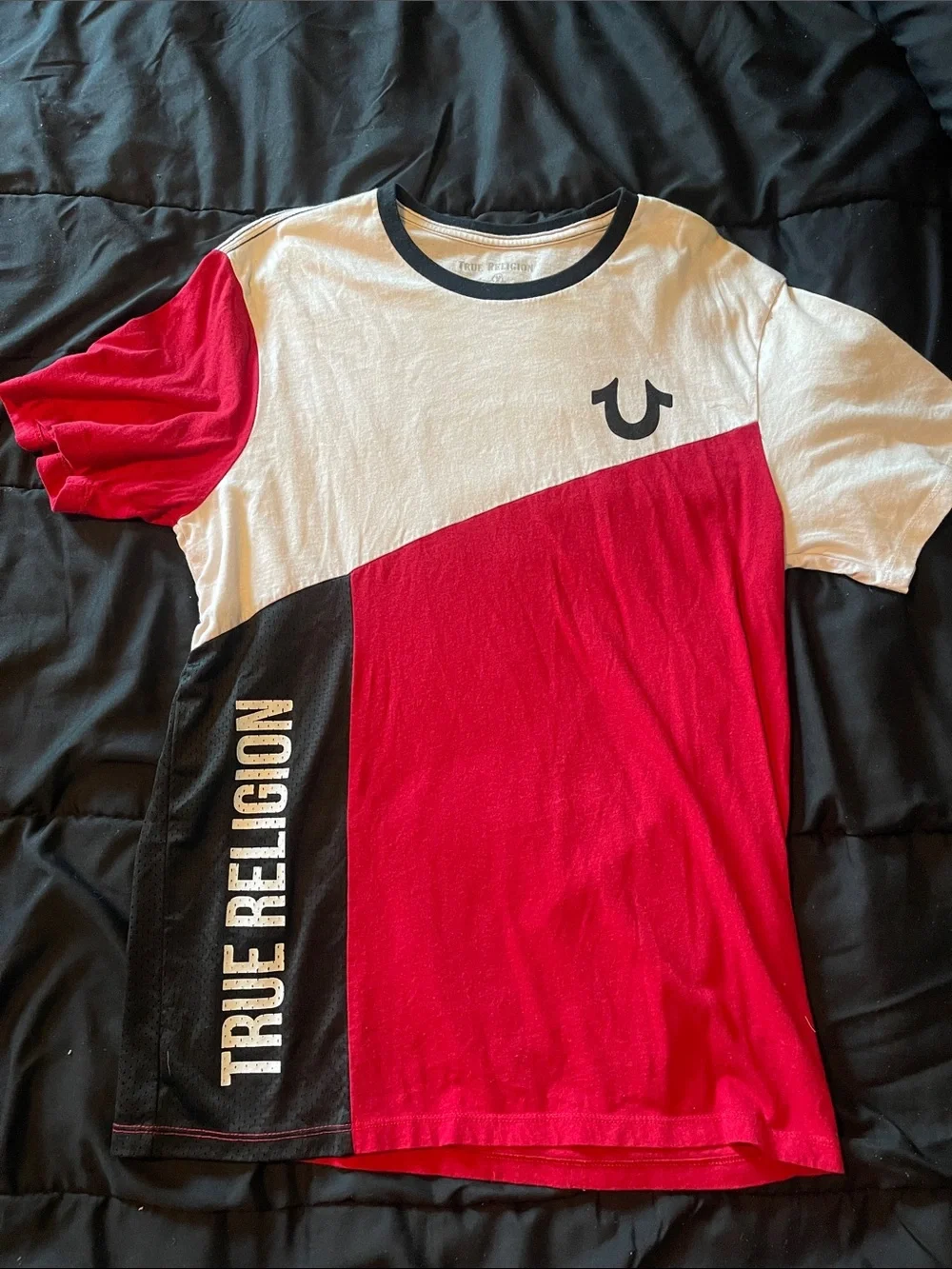 True Religion Men's Red, White & Black Diagonal Colorblock Logo Tee